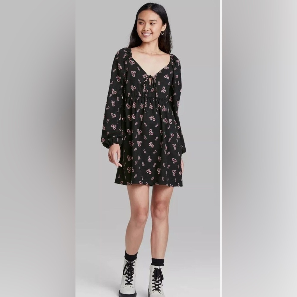 Wild Fable Black and Pink Bishop Sleeve Sundress